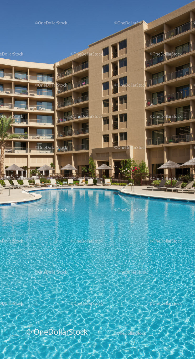 Modern Apartment Buildings with Sparkling Swimming Pool and Lounge Area