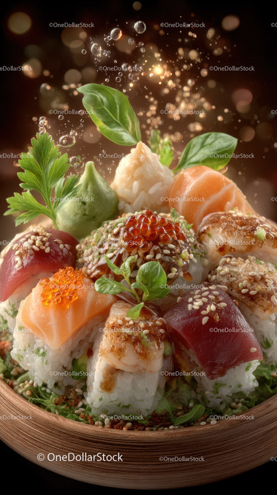 Różne rolki sushi z łososiem, tuńczykiem i ikrą rybną w drewnianej misce