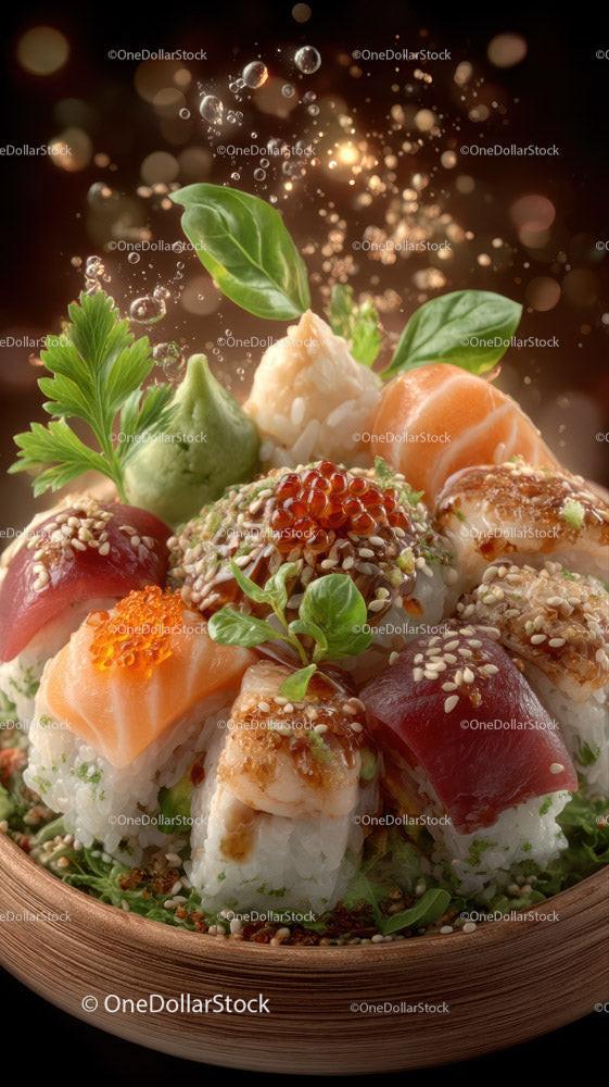 Zestaw sushi z łososiem, tuńczykiem i ikrą w drewnianej misce