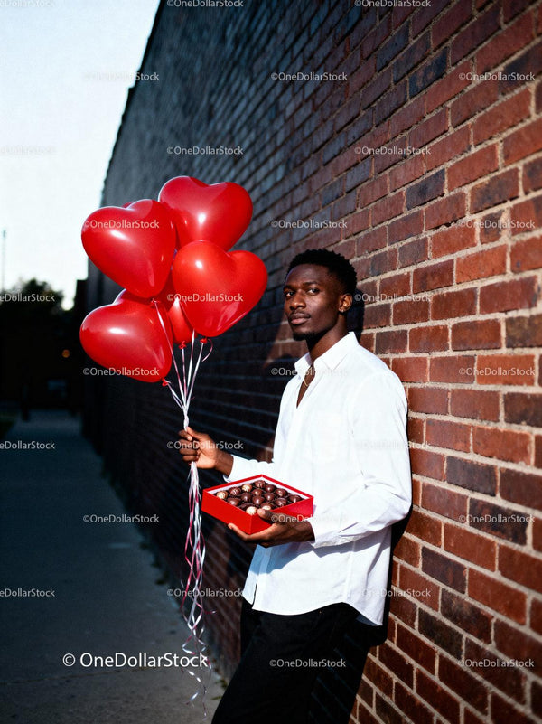 Man Holding Heart Balloons and Chocolates Outdoors