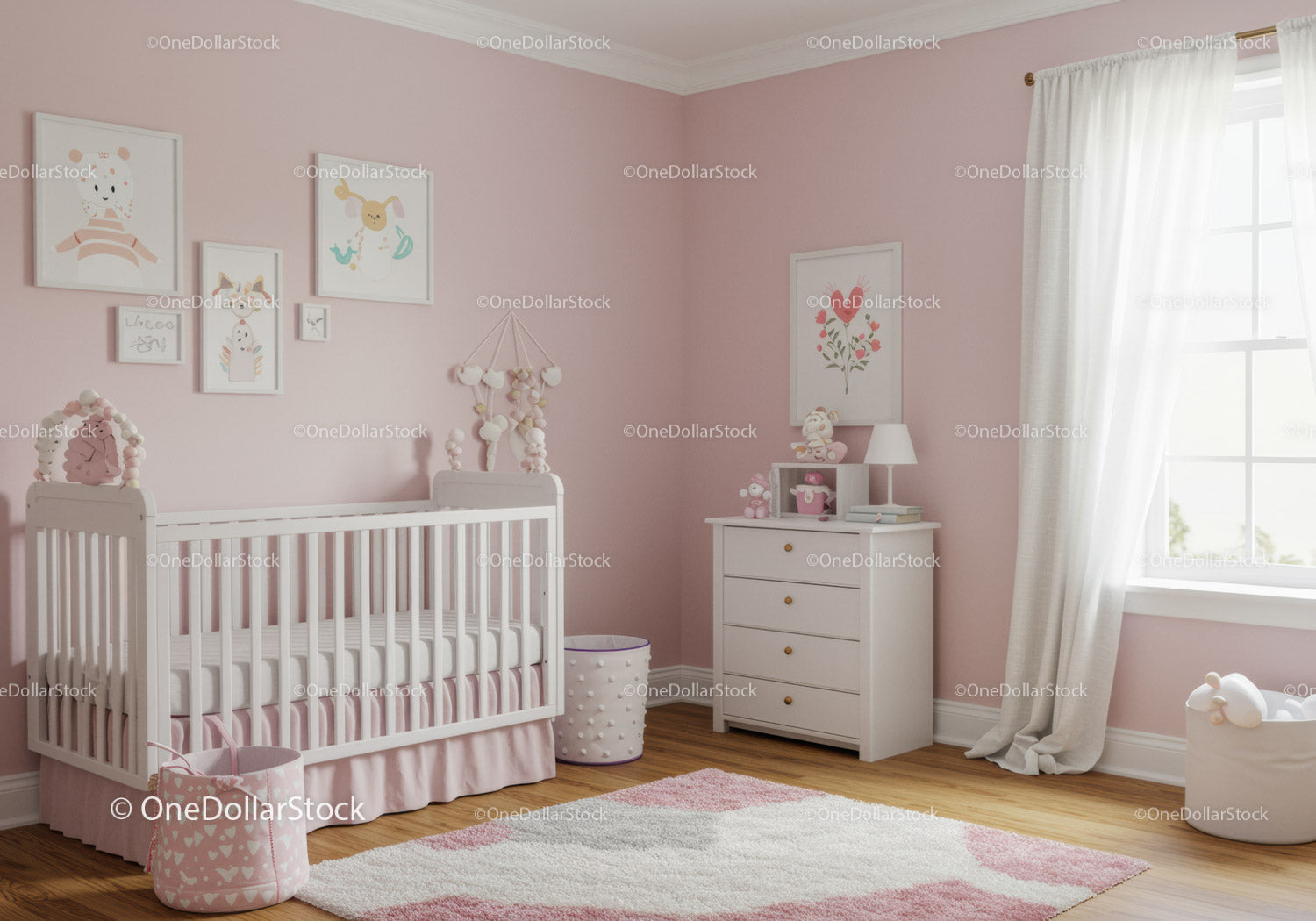 Pink Children's Nursery Room with Baby Crib and Wall Art