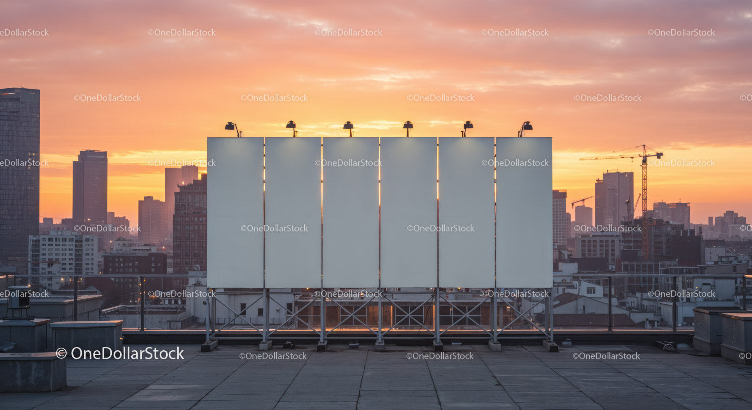 Panorama miasta o zachodzie słońca z billboardem na dachu i nowoczesnymi budynkami