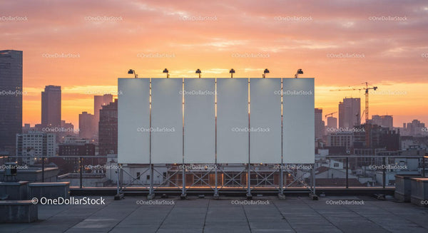 City Skyline at Sunset with Rooftop Billboard and Modern Buildings JPG Mockup Image