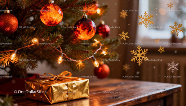 Festive Christmas tree with glowing red ornaments and gift