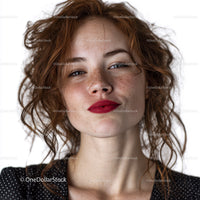 Redhead Woman with Freckles and Bright Red Lipstick