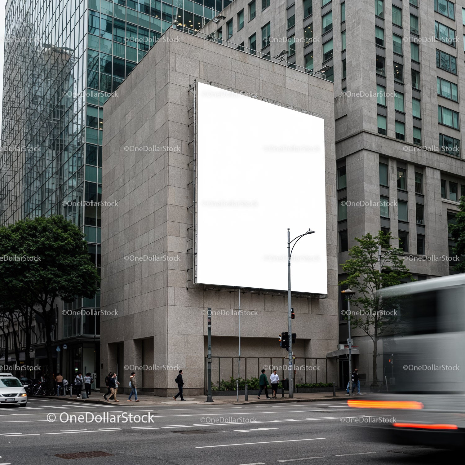 Urban Street Scene with Large Blank Billboard on Building