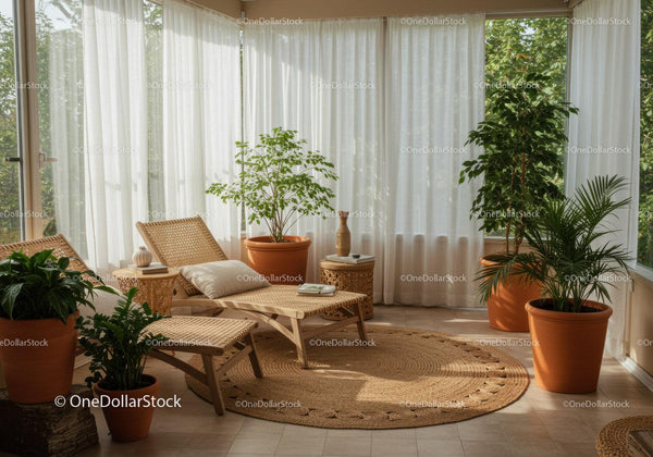 Cozy sunlit lounge with rattan furniture and lush plants
