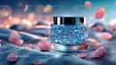 Elegant Glass Jar of Skincare with Pink Petals on Soft Fabric