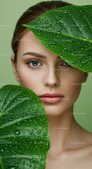 Young Woman with Blue Eyes Behind Green Leaves with Water Droplets