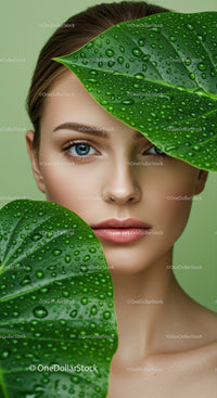 Young Woman with Blue Eyes Behind Green Leaves with Water Droplets
