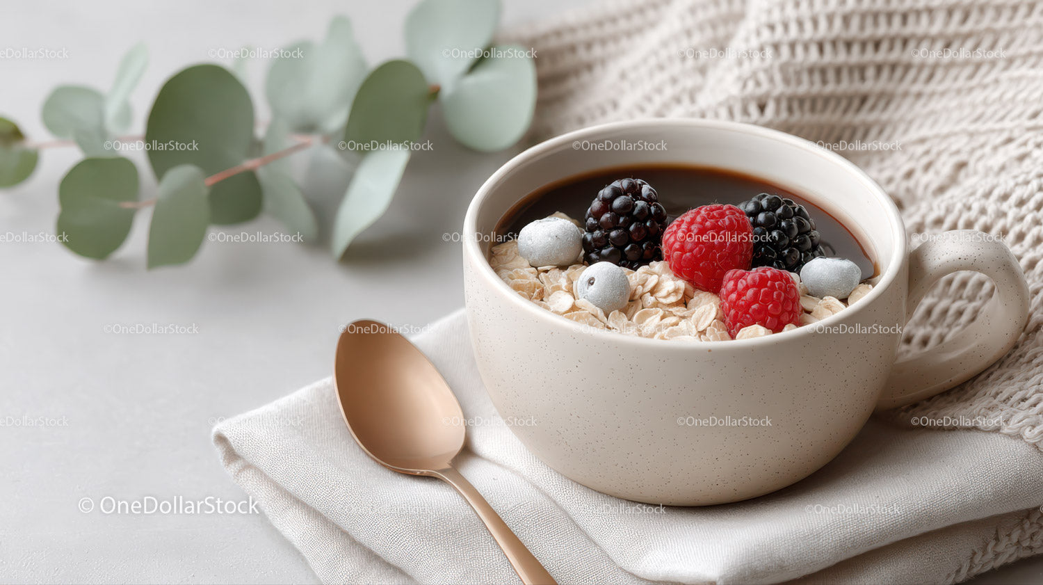 Bowl of Oatmeal with Fresh Raspberries and Blackberries for Breakfast