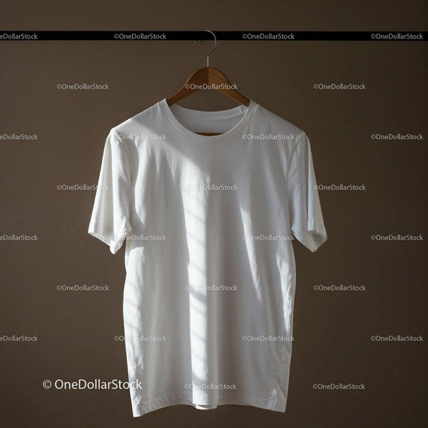 White Cotton T Shirt Hanging on Wooden Hanger JPG Mockup Image