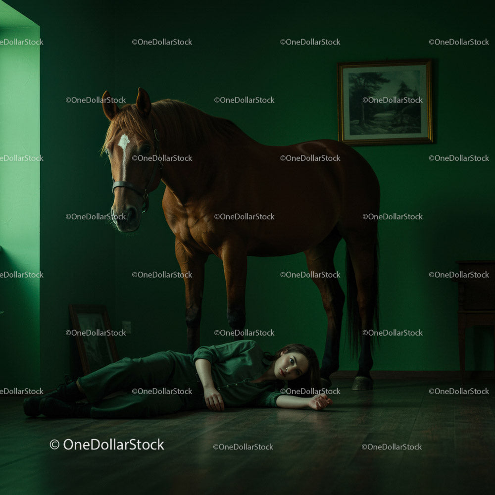 Woman Lying on Floor Beside a Horse in Dramatic Green Room