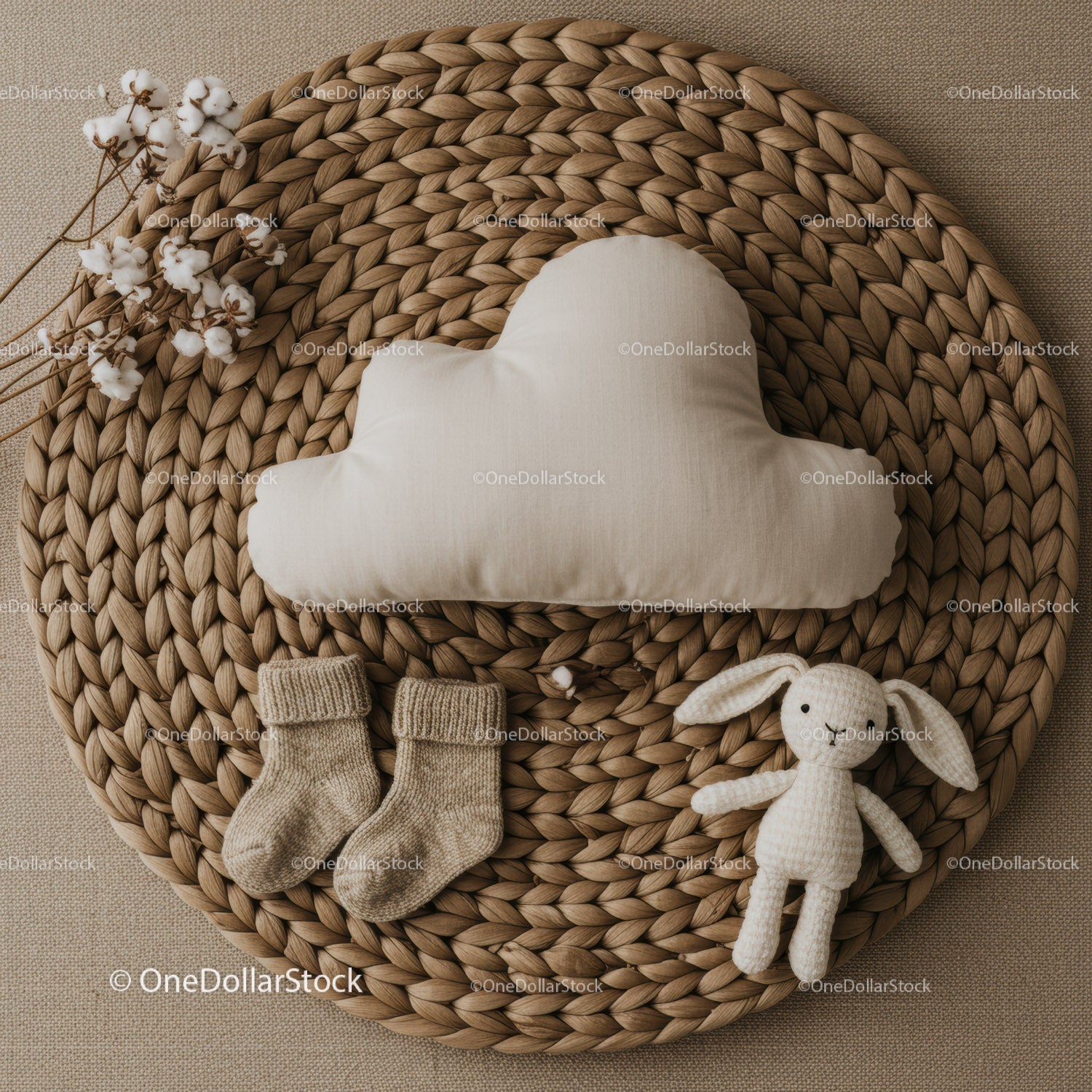 Neutral baby cloth essentials with soft plush toys