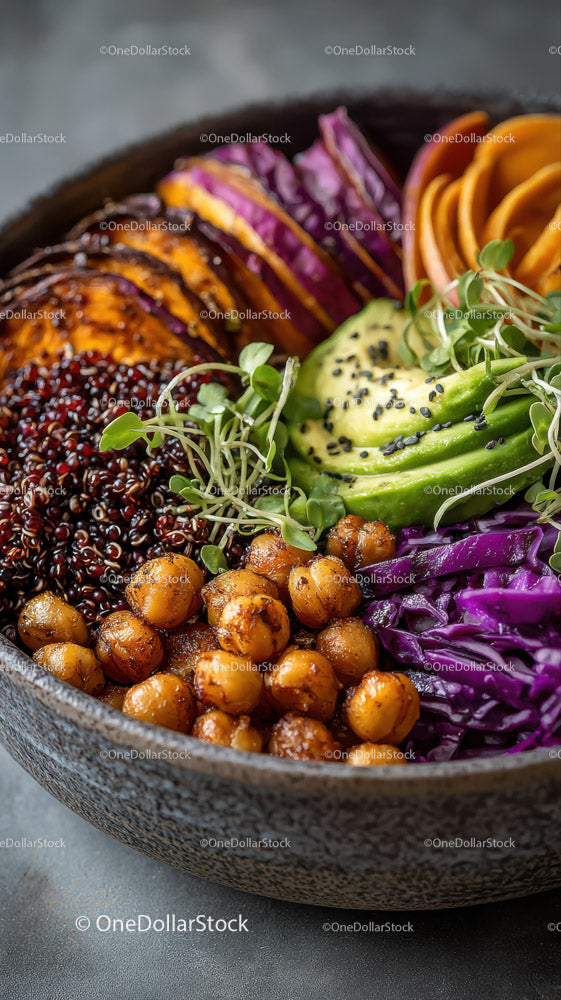 Colorful Vegetarian Grain Bowl with Roasted Chickpeas and Avocado