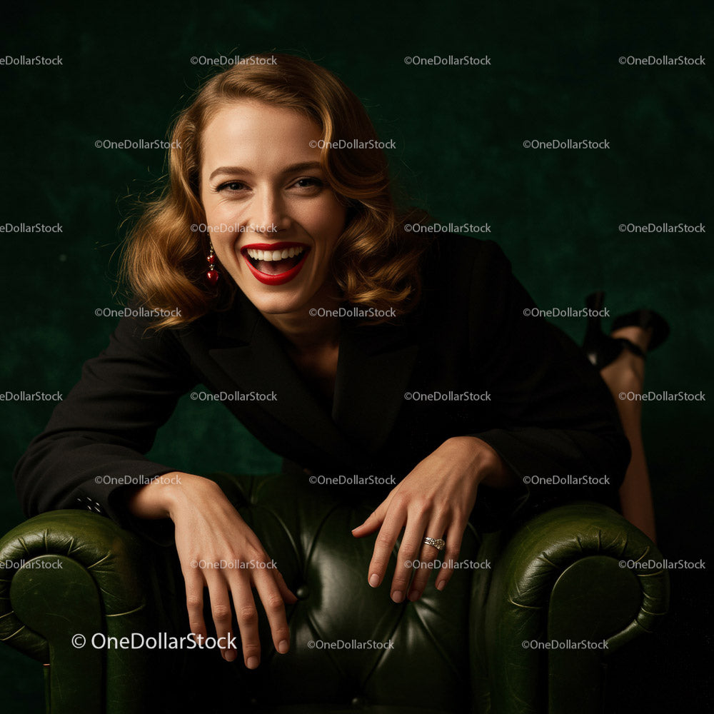 Confident Smiling Woman in Stylish Attire Sitting on Leather Sofa