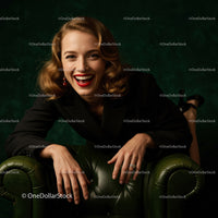 Confident Smiling Woman in Stylish Attire Sitting on Leather Sofa