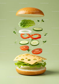 Fresh vegetarian sandwich ingredients levitating on green