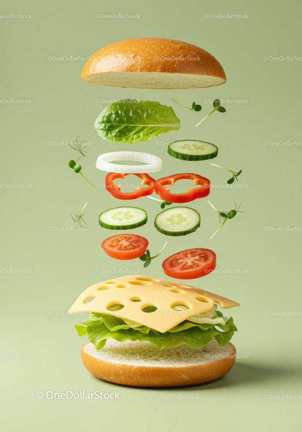 Fresh vegetarian sandwich ingredients levitating on green
