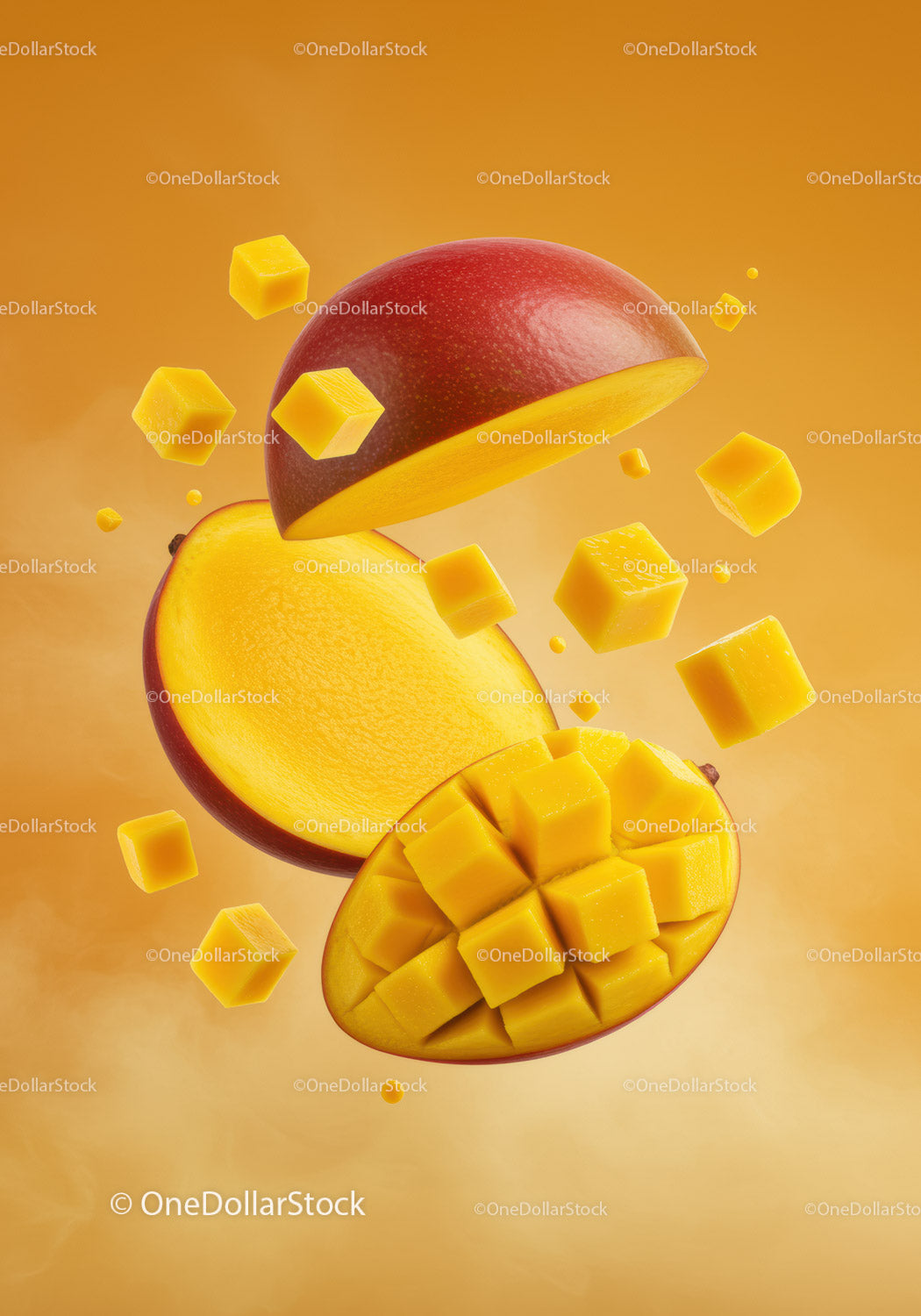 Świeże, dojrzałe kostki mango z intensywnie żółtym miąższem