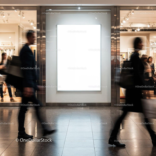 Blurred shoppers walking past illuminated poster display JPG Mockup Image