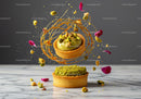 Elegant pistachio tarts with caramel and flower petals