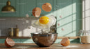 Fresh egg cracking over stainless steel bowl in bright kitchen