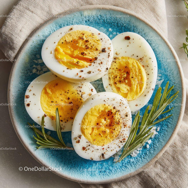 Sliced Boiled Eggs on Blue Ceramic Plate in Elegant Food Presentation