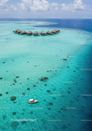 Tropical Overwater Bungalows on Bright Turquoise Ocean