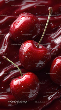 Juicy Ripe Red Cherries Close-up with Water Droplets for Food Photography