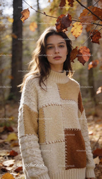Young woman in cozy patchwork sweater in autumn forest