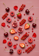 Fresh red berries and fruits scattered on pink surface
