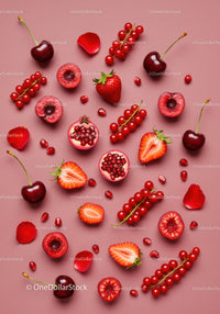 Fresh red berries and fruits scattered on pink surface