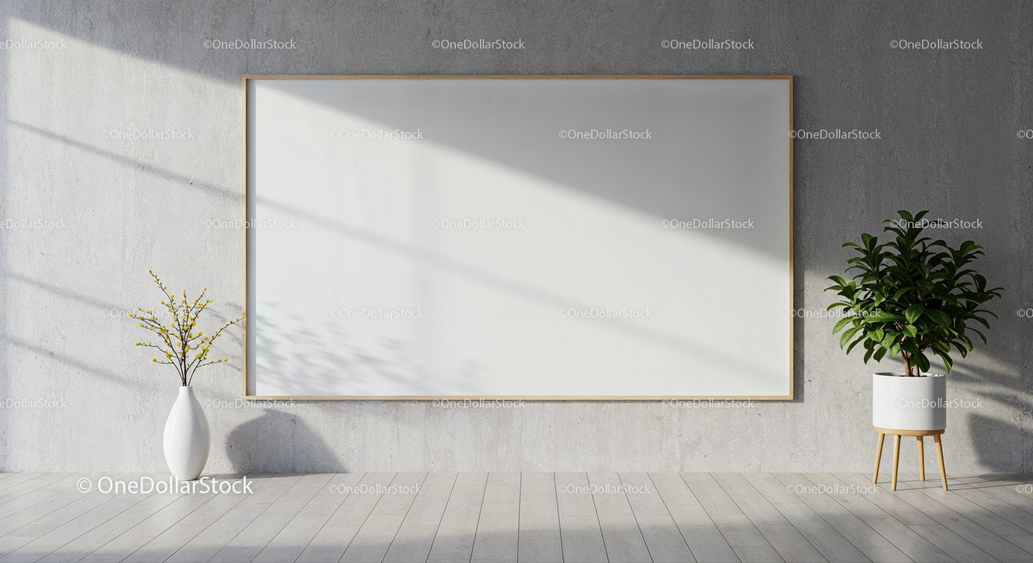 Minimalist room with blank canvas and indoor plants