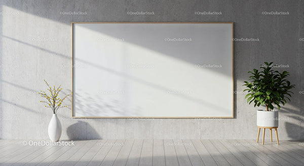 Minimalist room with blank canvas and indoor plants JPG Mockup Image