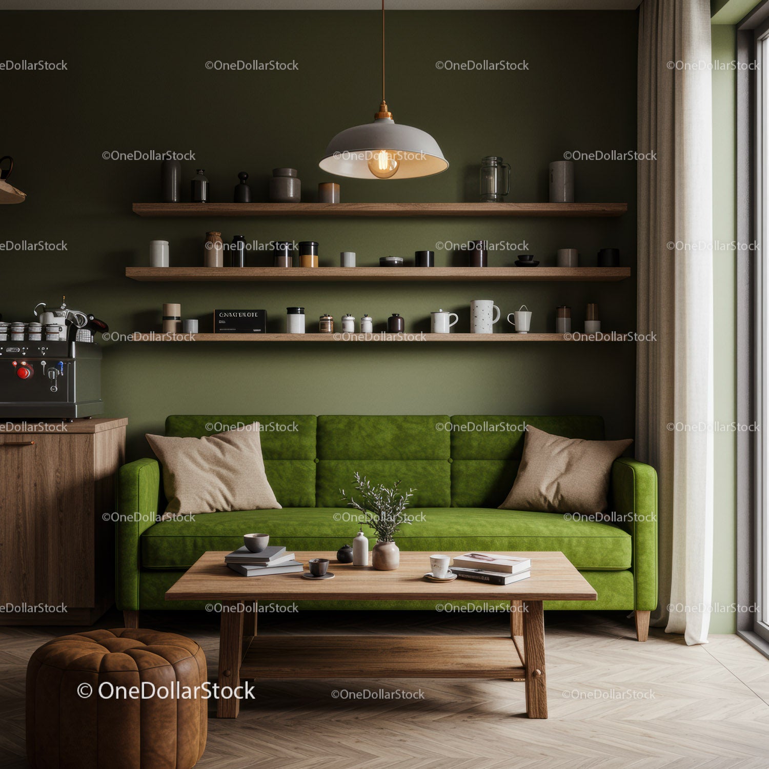Cozy living room with green sofa and wooden accents