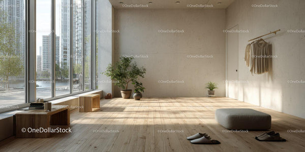 Bright Modern Interior with Large Windows and Indoor Plants