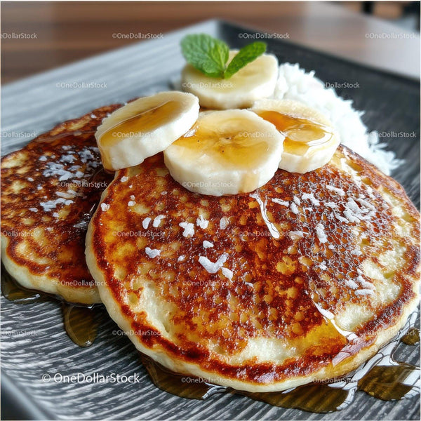 Banana Pancake with Syrup and Fresh Banana Slices