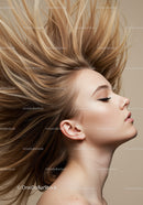 Profile of woman with flowing blonde hair on beige background