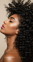 Profile of serene woman with voluminous curly hair
