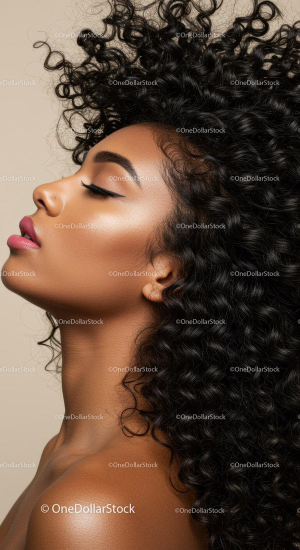 Profile of serene woman with voluminous curly hair