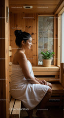 Meditating Woman Relaxing in Sauna with Wooden Interior and Green Plant