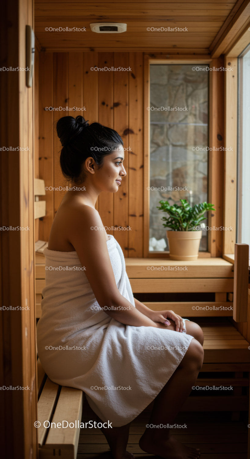 Meditating Woman Relaxing in Sauna with Wooden Interior and Green Plant