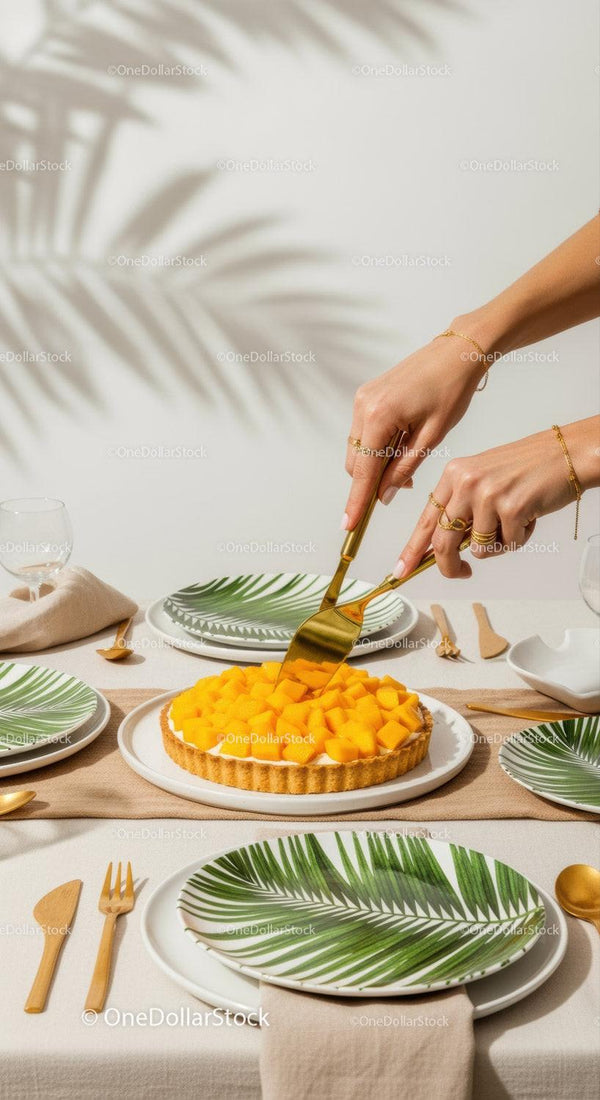 Elegant Tropical Table Setting with Mango Tart and Palm Leaf Plates