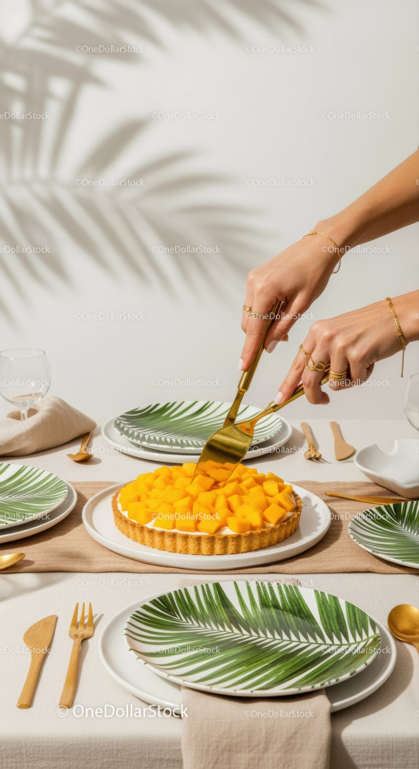 Elegant Tropical Table Setting with Mango Tart and Palm Leaf Plates