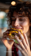 Young Woman Enjoying a Juicy Cheeseburger with Melty Cheese