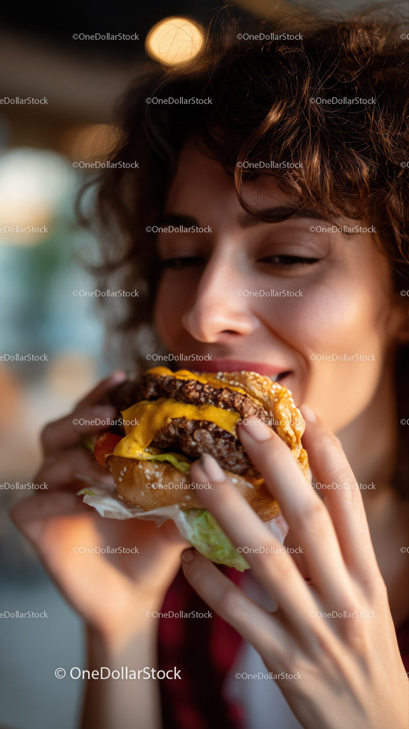 Young Woman Enjoying a Juicy Cheeseburger with Melty Cheese