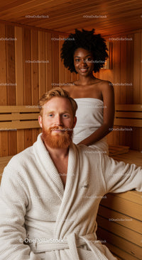 Relaxing Sauna Scene with Smiling Man and Woman in Wooden Interior