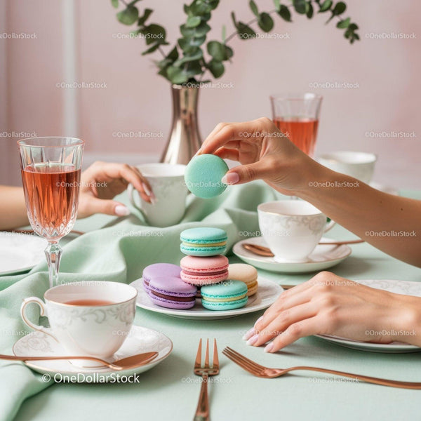 Elegant Afternoon Tea Setting with Colorful Macarons and Fine China