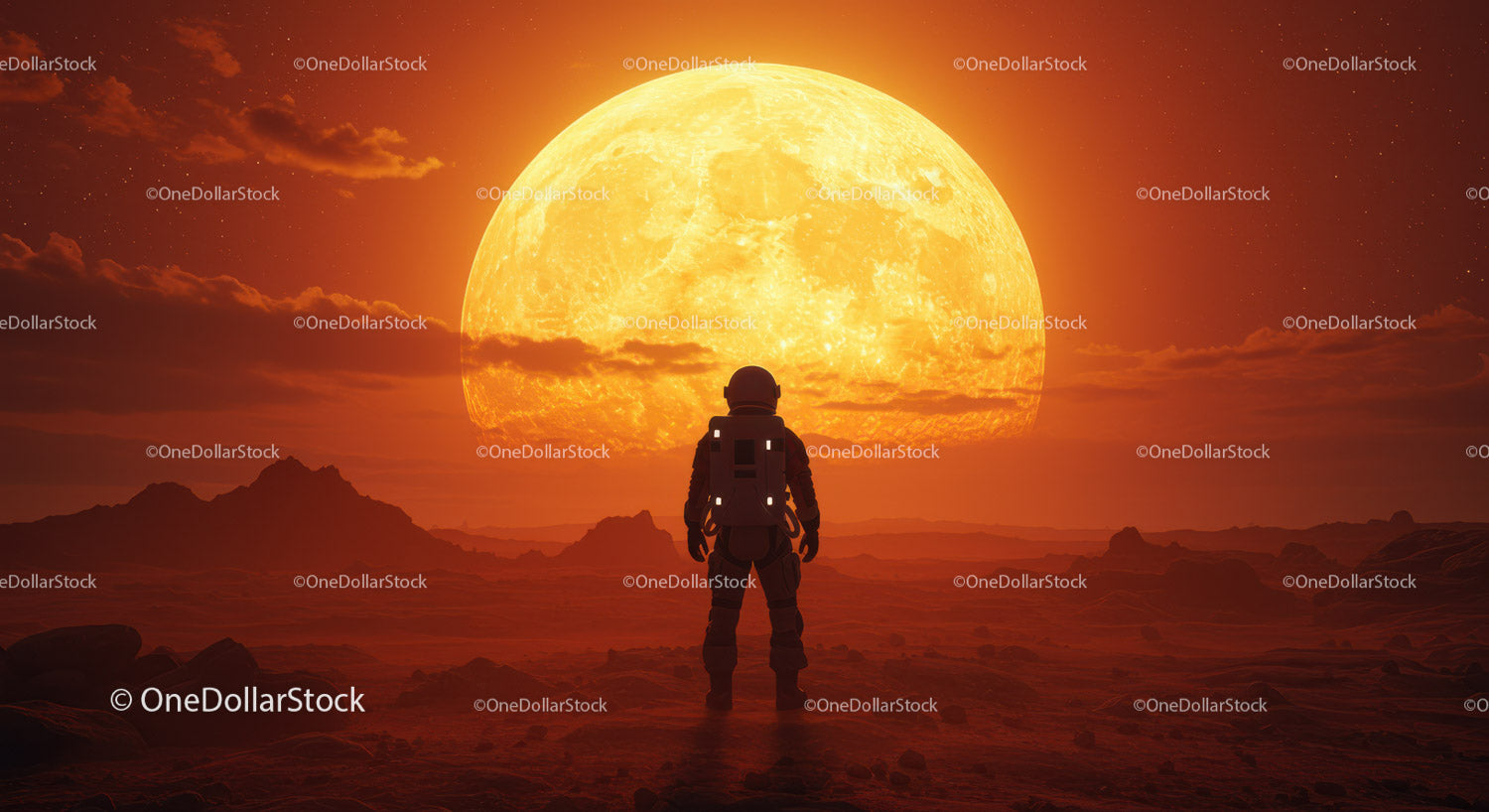 Astronaut Standing on Alien Planet with Large Sun Setting Behind
